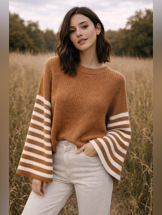 Pink Lily Sweaters - Pink Lily Bell Sleeve Striped Sweater